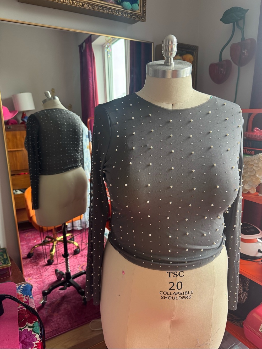 Women's sheer grey Long-Sleeve Pearl-Embellished Top